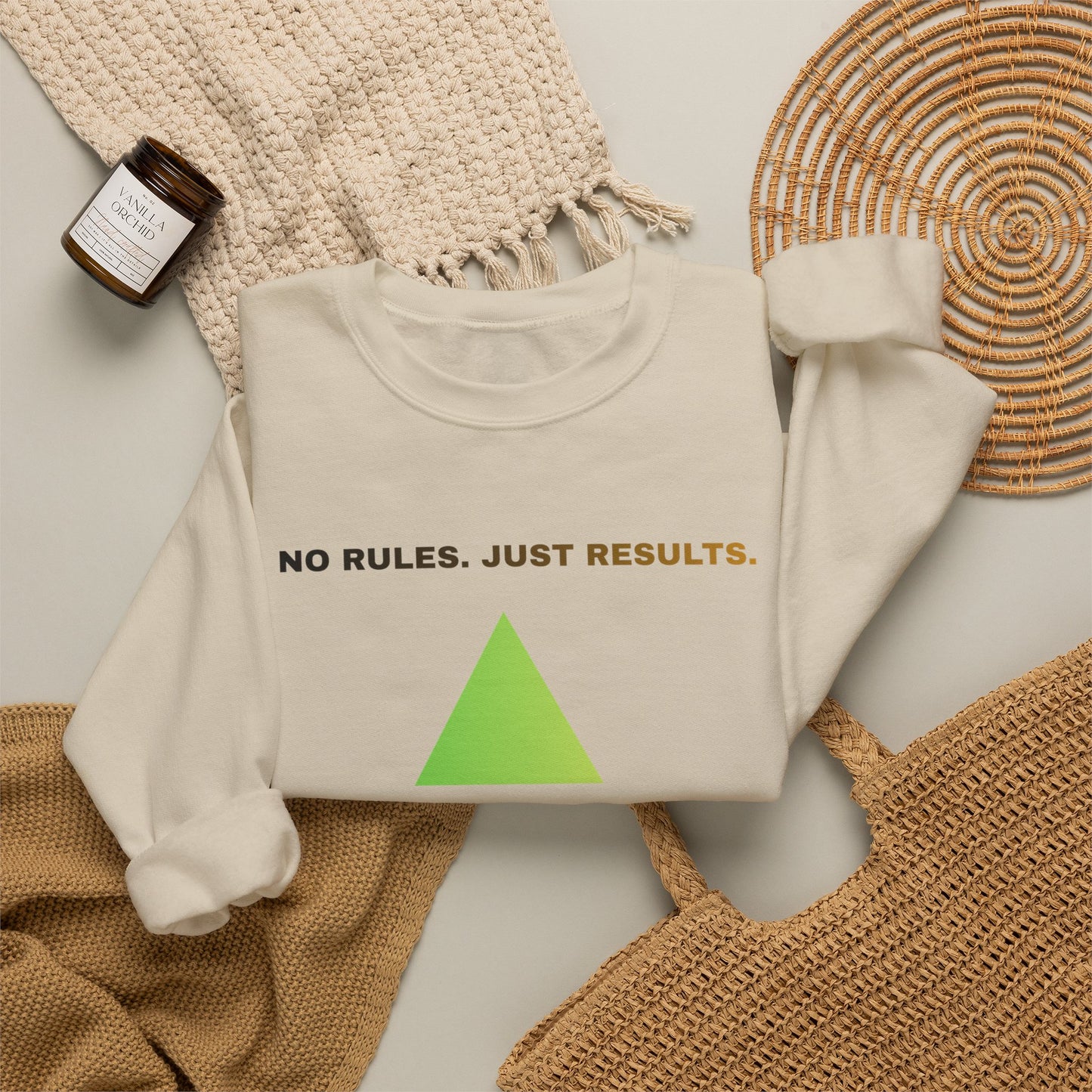 Crewneck Sweatshirt — “No Rules. Just Results. Change the Rules” Motivational Triangle Design