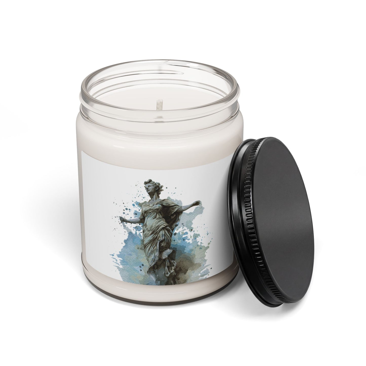 Statue Watercolor Soy Candle — Aromatic 9oz Jar (Artistic Blue-Grey Statue)