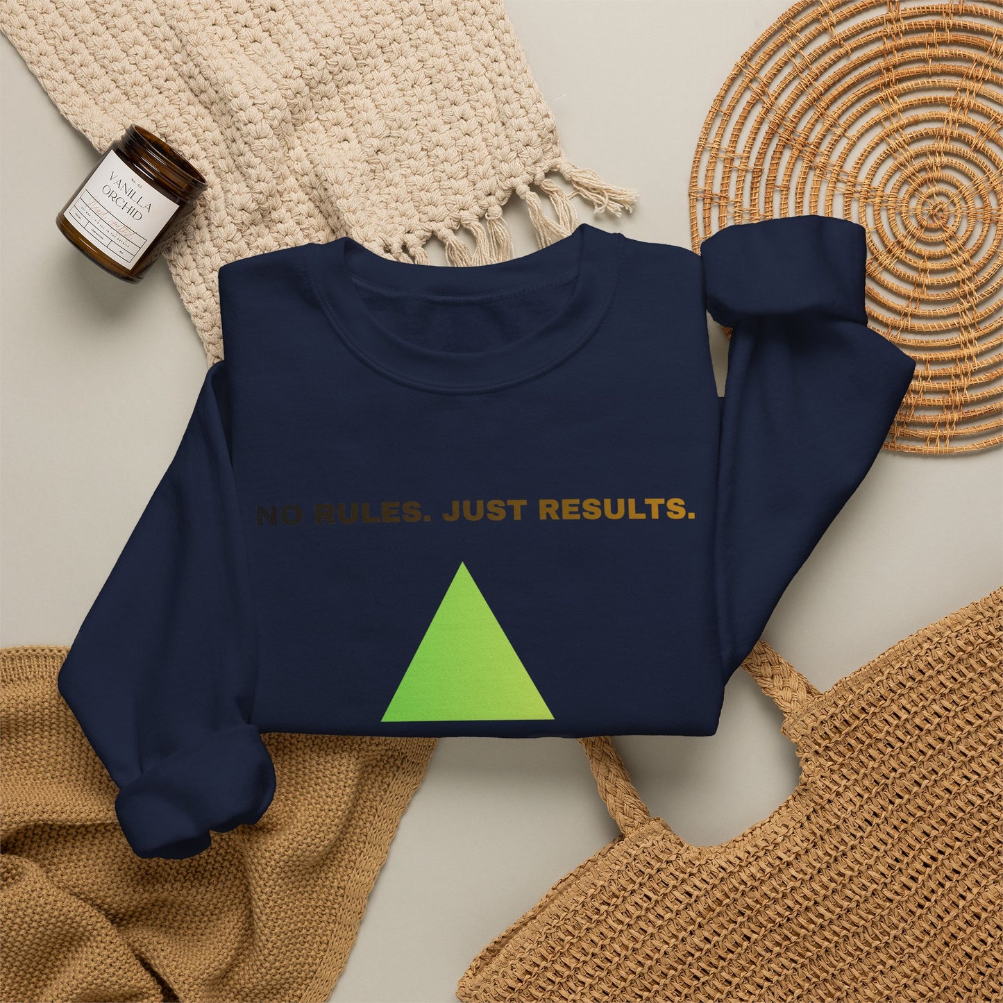 Crewneck Sweatshirt — “No Rules. Just Results. Change the Rules” Motivational Triangle Design
