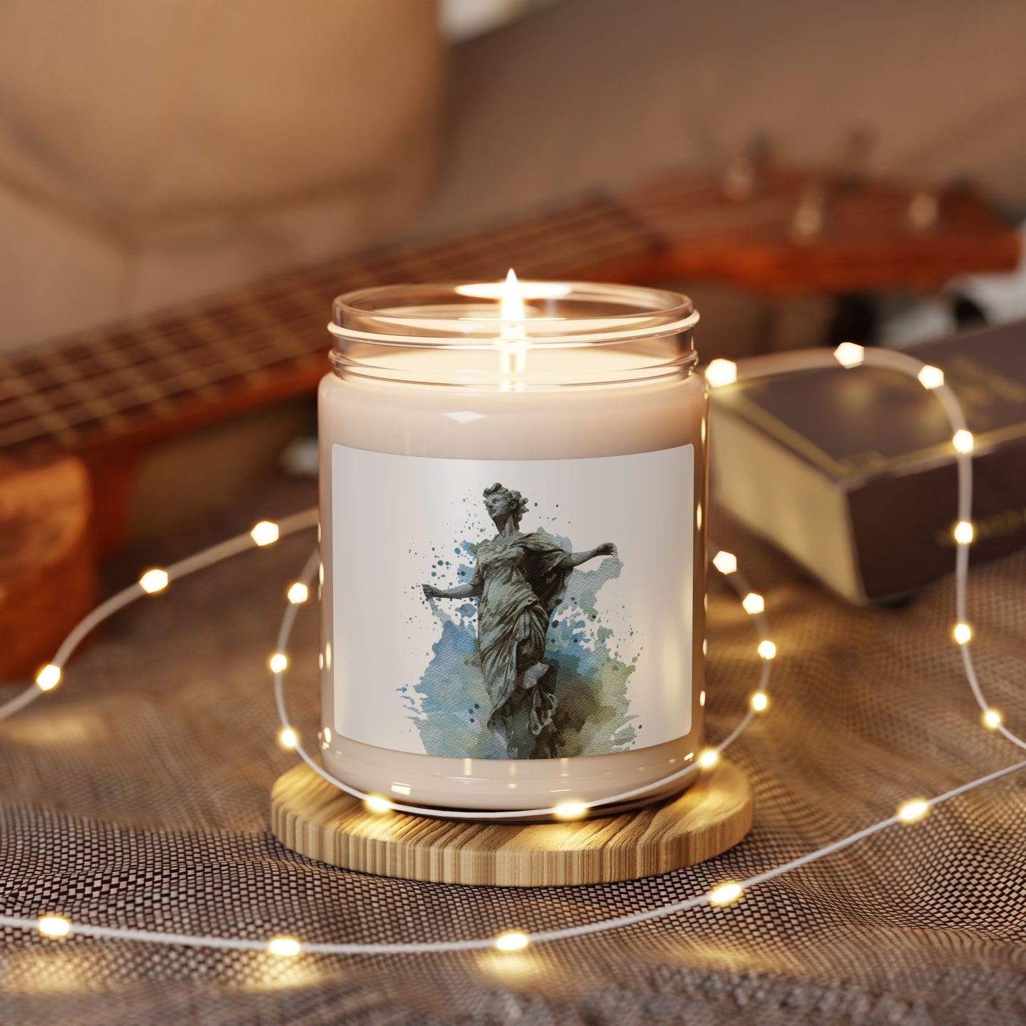 Statue Watercolor Soy Candle — Aromatic 9oz Jar (Artistic Blue-Grey Statue)