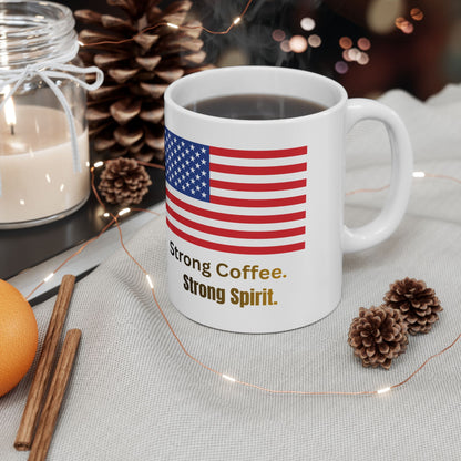American Flag Ceramic Mug – Patriotic 'Strong & Free' Coffee Cup (11oz/15oz)