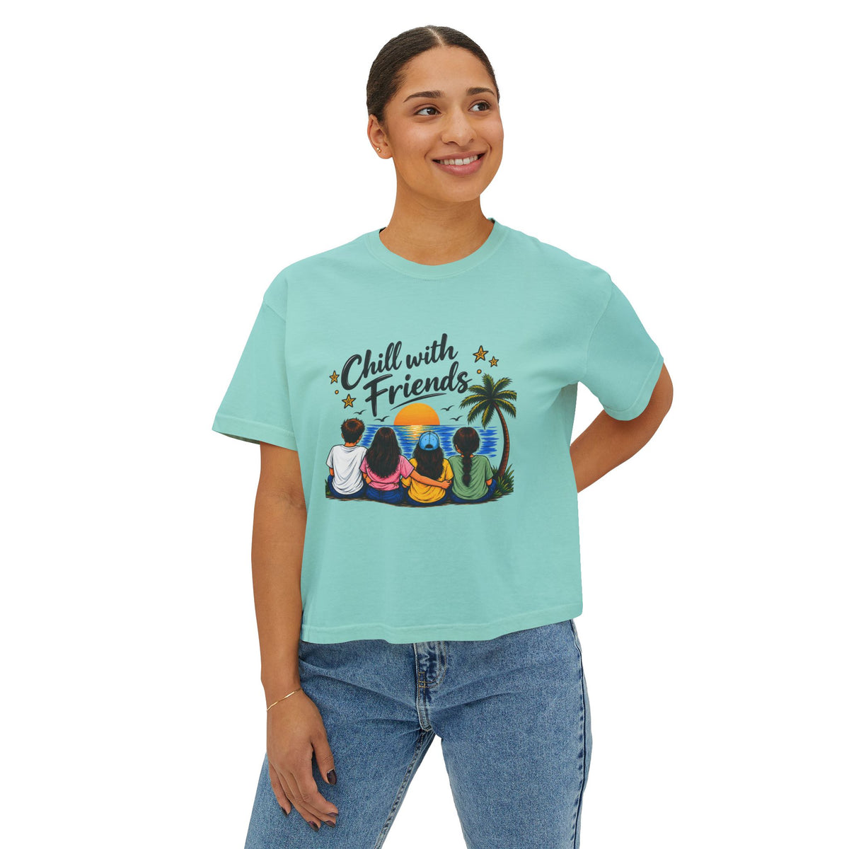 Women's Boxy Tee – Retro Sunset Beach Graphic