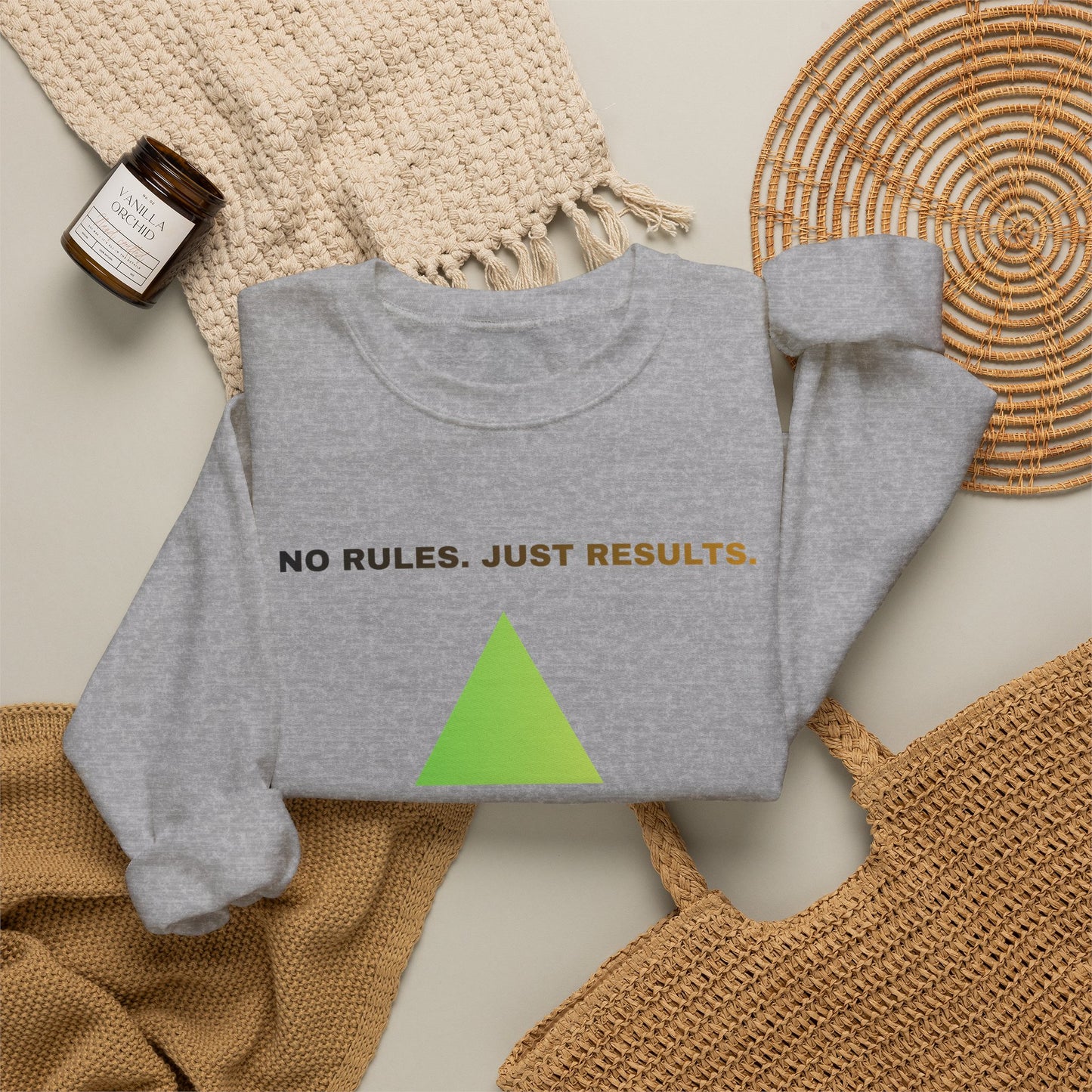 Crewneck Sweatshirt — “No Rules. Just Results. Change the Rules” Motivational Triangle Design
