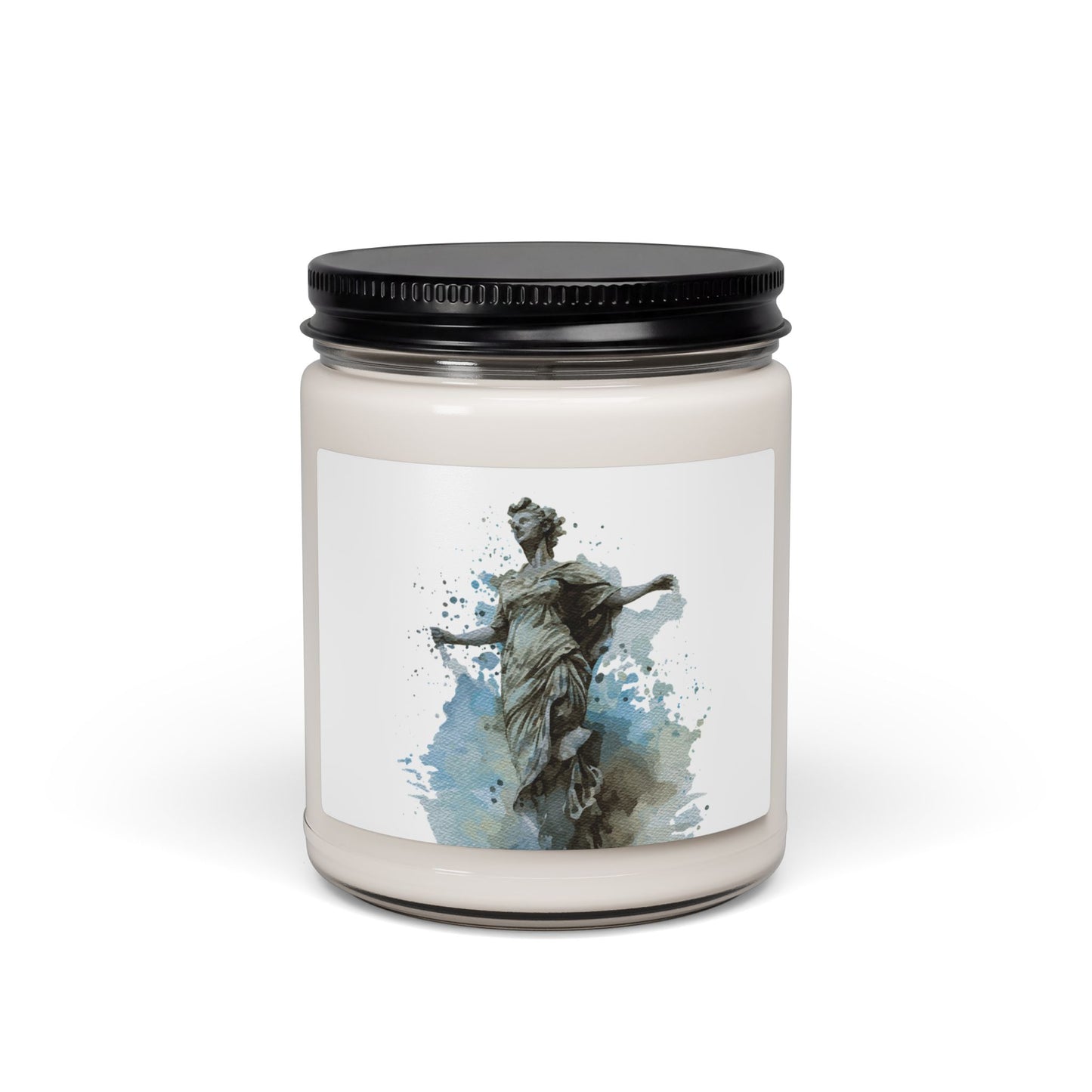 Statue Watercolor Soy Candle — Aromatic 9oz Jar (Artistic Blue-Grey Statue)
