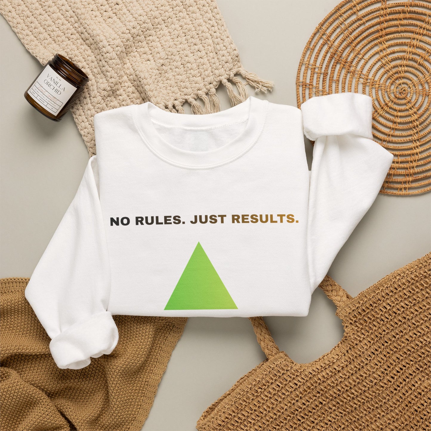 Crewneck Sweatshirt — “No Rules. Just Results. Change the Rules” Motivational Triangle Design