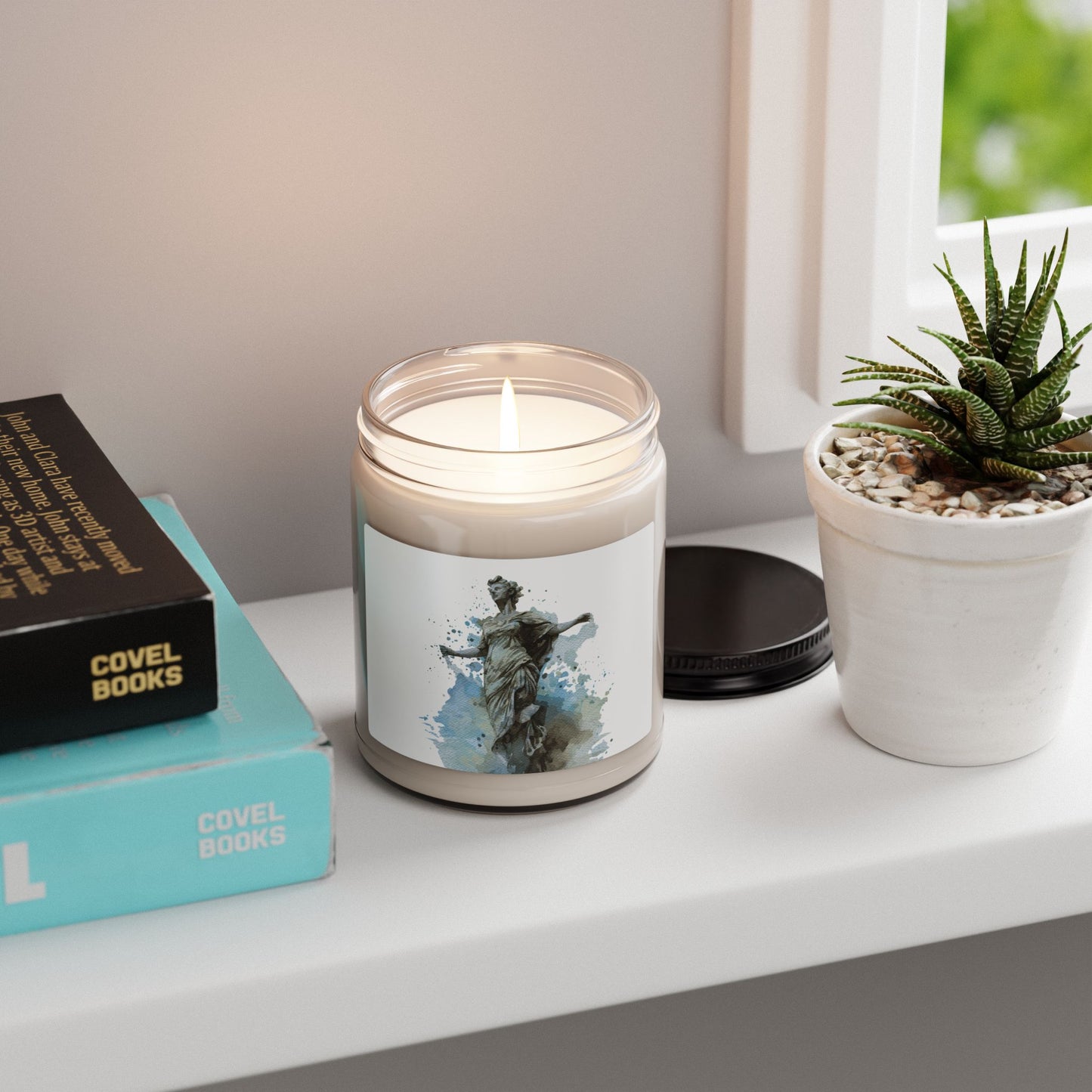 Statue Watercolor Soy Candle — Aromatic 9oz Jar (Artistic Blue-Grey Statue)